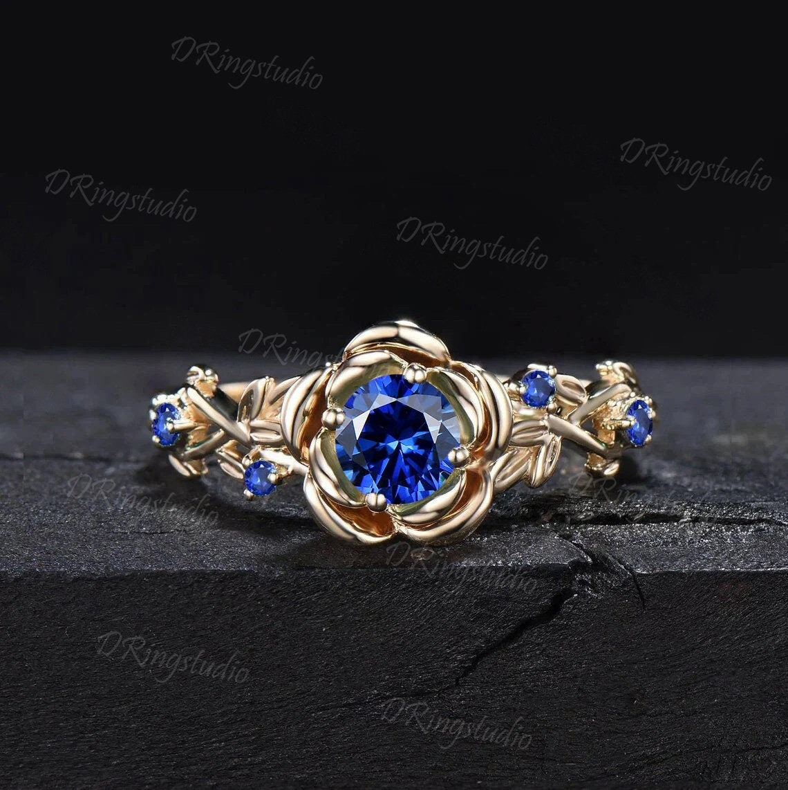 5mm(0.5CTW) Nature Inspired Natural Royal Burnt Blue Sapphire Ring 10K Yellow Gold Twig Leaf Rose Flower Sapphire Nature Engagement Rings