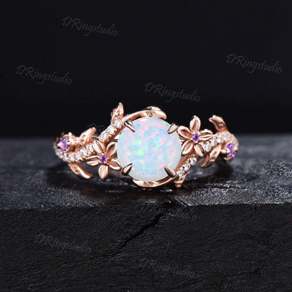 Nature Inspired Round Opal Engagement Ring White Gold Moissanite Floral Wedding Ring Leaf Branch Bridal Ring Set Promise Gift For fiancee