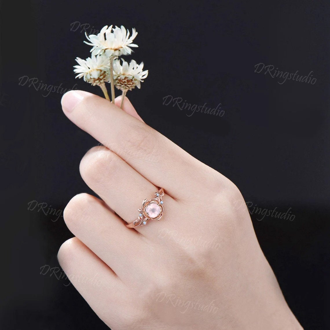 Floral Round Natural Rose Quartz Engagement Ring Nature Style Leaf Band Moonstone Wedding Ring Rose Flower Pink Crystal Ring Proposal Gifts