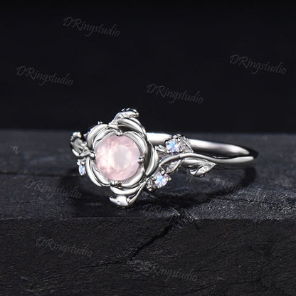 Floral Round Natural Rose Quartz Engagement Ring Nature Style Leaf Band Moonstone Wedding Ring Rose Flower Pink Crystal Ring Proposal Gifts