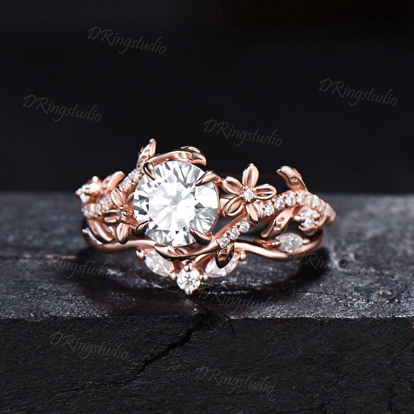 1 Carat Round Lab Grown Diamond Ring 14k Rose Gold Flower Engagement Ring Set IGI Certified Diamond Wedding Ring Nature Entangled Vines Ring