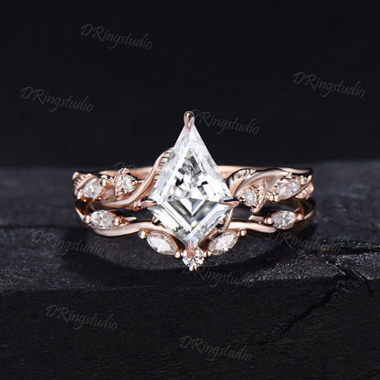 Vintage Kite Moissanite Bridal Set Garden Inspired Twig Wedding Ring Set Branch Vine lab grown diamond Jewelry Anniversary Gifts Fiance Ring