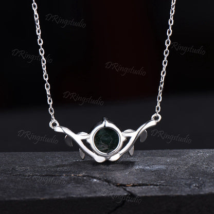Silver Serpent Necklace Natural Moss Agate Solitaire Necklace Double Snake Pendant Twig Leaf Jewelry 8mm Round Moss Necklace Birthday Gifts