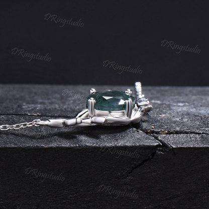 Silver Serpent Necklace Natural Moss Agate Solitaire Necklace Double Snake Pendant Twig Leaf Jewelry 8mm Round Moss Necklace Birthday Gifts