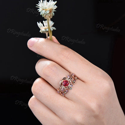 Rose Flower Round Ruby Ring Set Nature Inspired Twig leaf Amethyst Emerald Ring Floral Ruby Bridal Set July Birthstone Ring Anniversary Gift