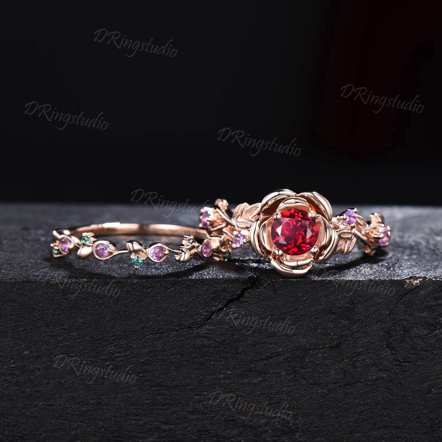 Rose Flower Round Ruby Ring Set Nature Inspired Twig leaf Amethyst Emerald Ring Floral Ruby Bridal Set July Birthstone Ring Anniversary Gift