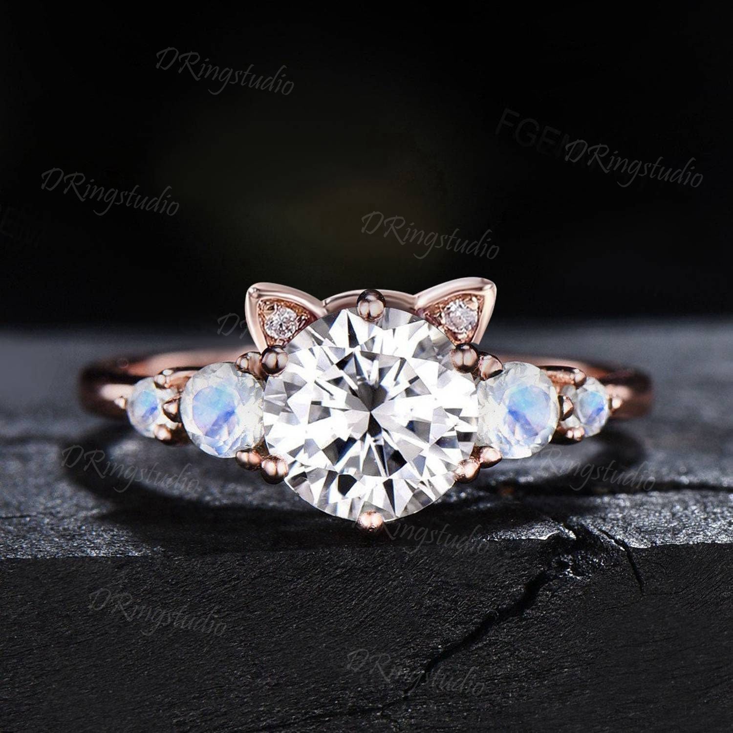 Cat Engagement Ring 1.2ct Round Moissanite Ring Cute Pet Colorless Moissanite Moonstone Wedding Ring Unique Kitten Ring Anniversary Gift