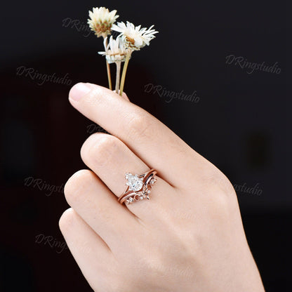 0.8ct Pear VS1 Lab Grown Diamond Ring Set Crescent Triple Moon Real Diamond Wedding Ring Diamond IGI Certificate Ring Proposal Gifts For Her