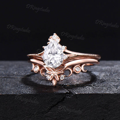 0.8ct Pear VS1 Lab Grown Diamond Ring Set Crescent Triple Moon Real Diamond Wedding Ring Diamond IGI Certificate Ring Proposal Gifts For Her