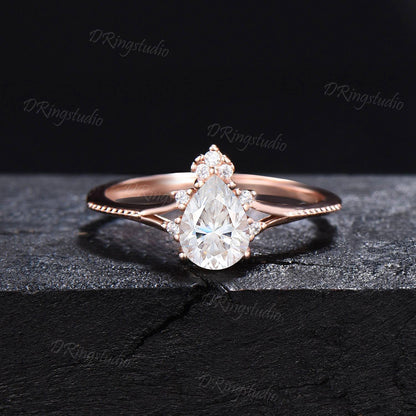 0.8ct Pear VS1 Lab Grown Diamond Ring Set Crescent Triple Moon Real Diamond Wedding Ring Diamond IGI Certificate Ring Proposal Gifts For Her