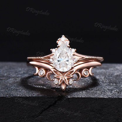 0.8ct Pear VS1 Lab Grown Diamond Ring Set Crescent Triple Moon Real Diamond Wedding Ring Diamond IGI Certificate Ring Proposal Gifts For Her