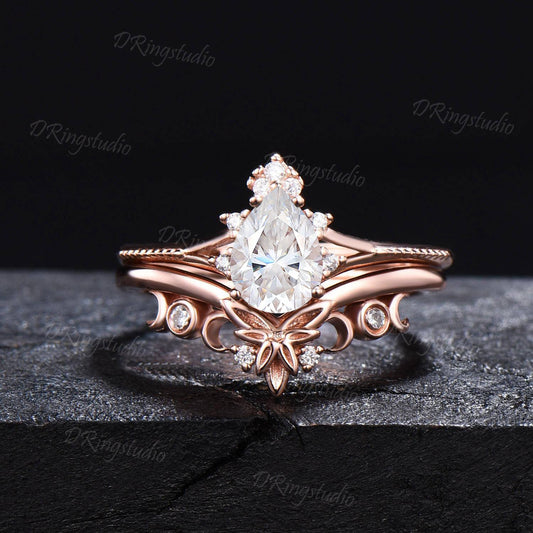 0.8ct Pear VS1 Lab Grown Diamond Ring Set Crescent Triple Moon Real Diamond Wedding Ring Diamond IGI Certificate Ring Proposal Gifts For Her