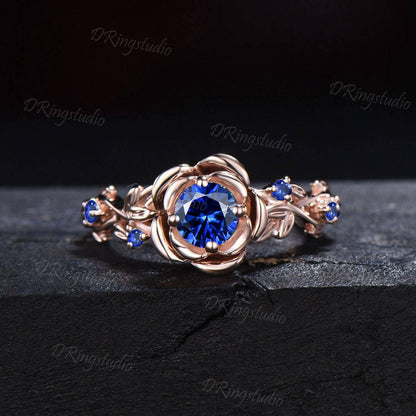 5mm(0.5CTW) Nature Inspired Natural Royal Burnt Blue Sapphire Ring 10K Yellow Gold Twig Leaf Rose Flower Sapphire Nature Engagement Rings