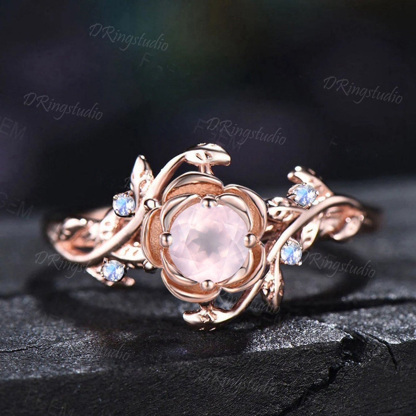 Floral Round Natural Rose Quartz Engagement Ring Nature Style Leaf Band Moonstone Wedding Ring Rose Flower Pink Crystal Ring Proposal Gifts