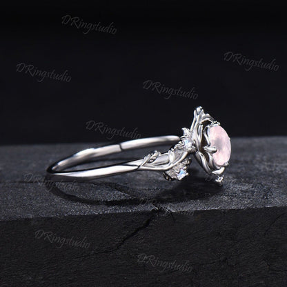 Floral Round Natural Rose Quartz Engagement Ring Nature Style Leaf Band Moonstone Wedding Ring Rose Flower Pink Crystal Ring Proposal Gifts