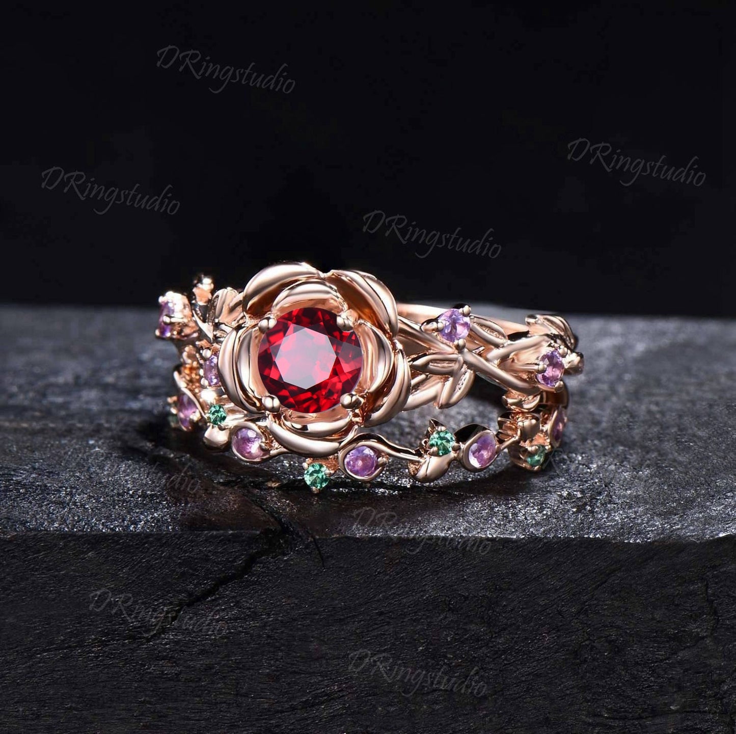 Rose Flower Round Ruby Ring Set Nature Inspired Twig leaf Amethyst Emerald Ring Floral Ruby Bridal Set July Birthstone Ring Anniversary Gift