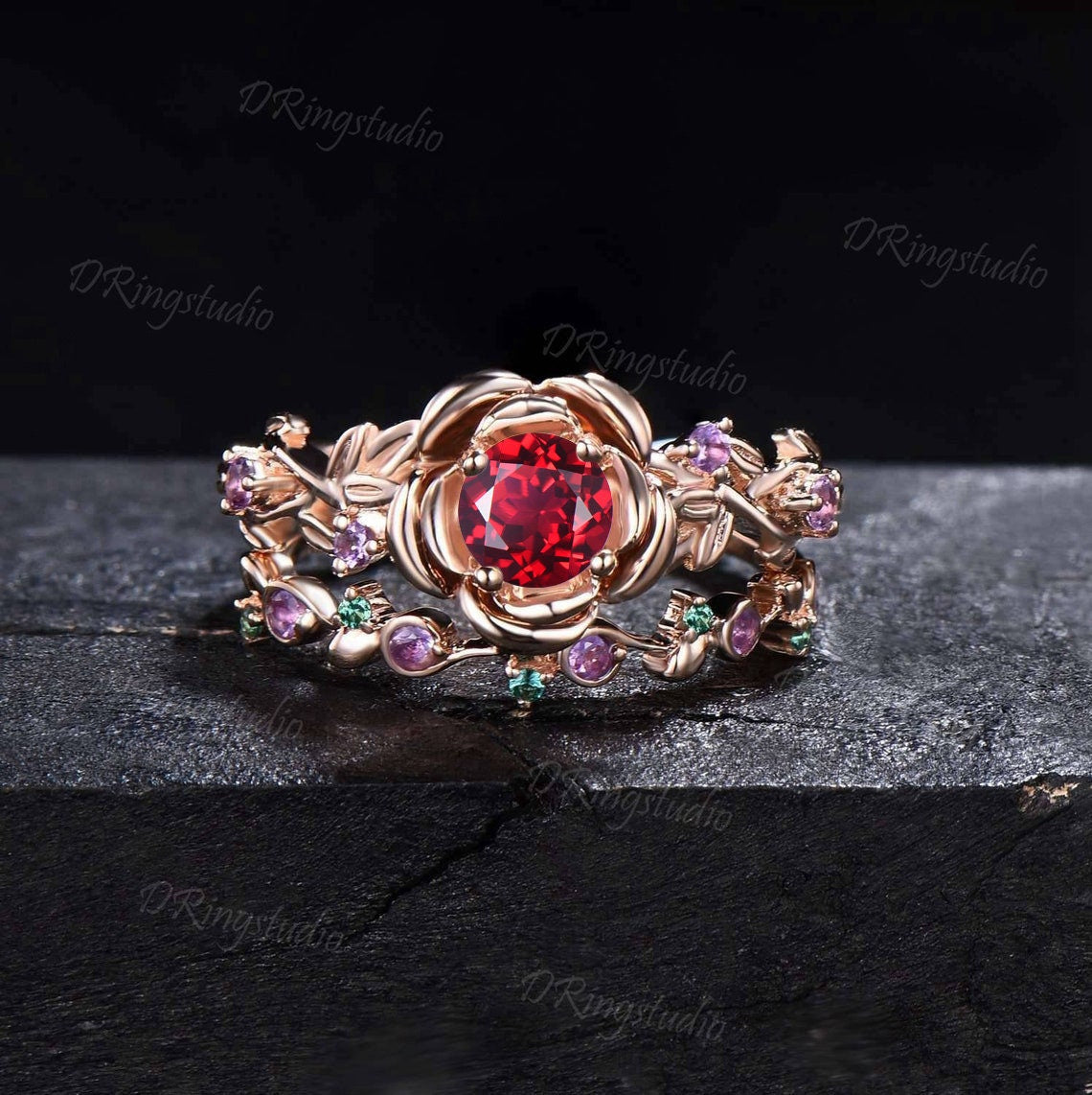 Rose Flower Round Ruby Ring Set Nature Inspired Twig leaf Amethyst Emerald Ring Floral Ruby Bridal Set July Birthstone Ring Anniversary Gift