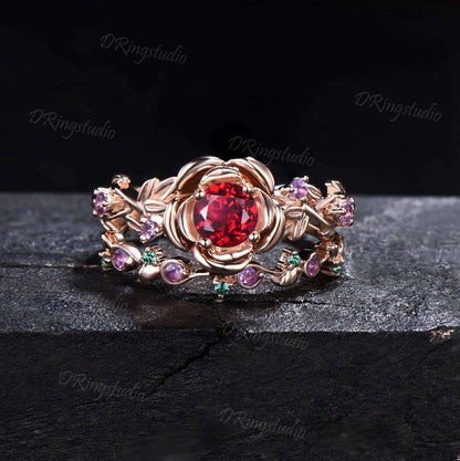 Rose Flower Round Ruby Ring Set Nature Inspired Twig leaf Amethyst Emerald Ring Floral Ruby Bridal Set July Birthstone Ring Anniversary Gift