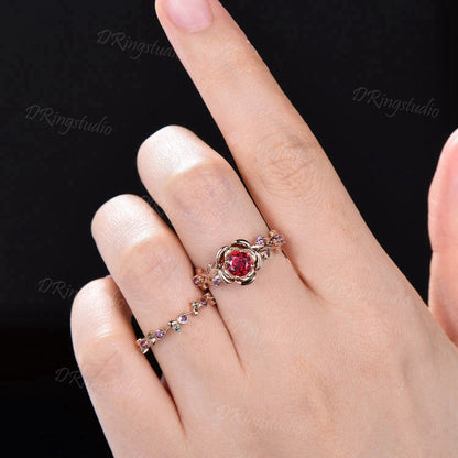 Rose Flower Round Ruby Ring Set Nature Inspired Twig leaf Amethyst Emerald Ring Floral Ruby Bridal Set July Birthstone Ring Anniversary Gift