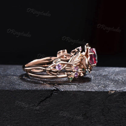 Rose Flower Round Ruby Ring Set Nature Inspired Twig leaf Amethyst Emerald Ring Floral Ruby Bridal Set July Birthstone Ring Anniversary Gift