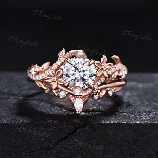 Double Snake Ring 1ct Round Moissanite Ring Set Floral Leaf Moissanite Bridal Set 14k Rose Gold Antique Serpent Wedding Ring Proposal Gifts