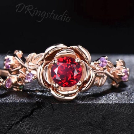 Rose Flower Round Ruby Ring Set Nature Inspired Twig leaf Amethyst Emerald Ring Floral Ruby Bridal Set July Birthstone Ring Anniversary Gift