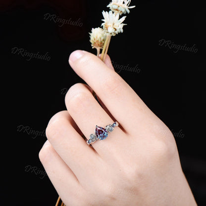 Nature Inspired Color-Change Alexandrite Engagement Ring Entangled Vine Pear Alexandrite Ring Floral Wedding Ring June Birthstone Women Gift