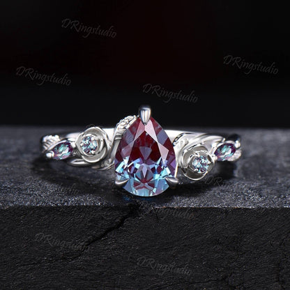 Nature Inspired Color-Change Alexandrite Engagement Ring Entangled Vine Pear Alexandrite Ring Floral Wedding Ring June Birthstone Women Gift