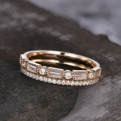 Vintage Moissanite wedding band women Baguette cut Half eternity band Yellow gold wedding band Unique Stacking Matching bridal promise ring
