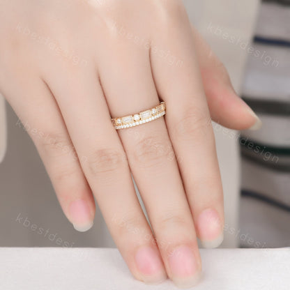 Vintage Moissanite wedding band women Baguette cut Half eternity band Yellow gold wedding band Unique Stacking Matching bridal promise ring