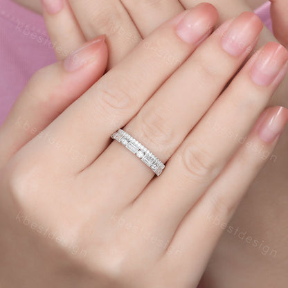 Vintage Moissanite wedding band women Baguette cut Half eternity band Yellow gold wedding band Unique Stacking Matching bridal promise ring