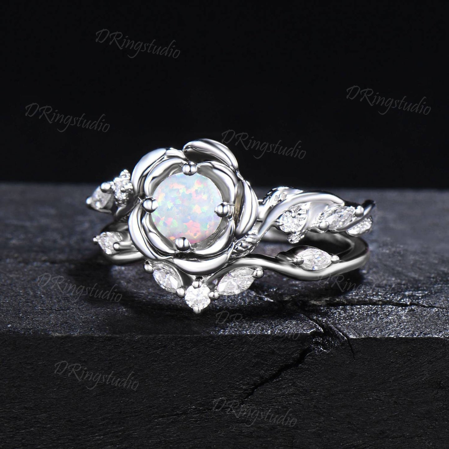 Rose Flower White Opal Engagement Ring Set 5mm Round Moissanite Bridal Set Silver Floral Ring Nature Inspired Entangled Vine Ring Women Gift