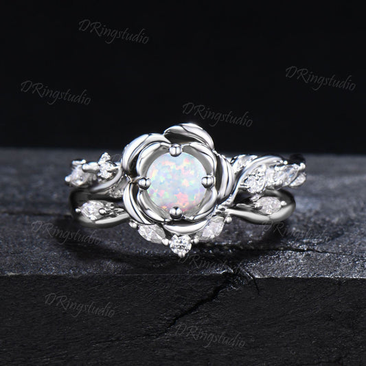 Rose Flower White Opal Engagement Ring Set 5mm Round Moissanite Bridal Set Silver Floral Ring Nature Inspired Entangled Vine Ring Women Gift