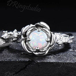 Rose Flower White Opal Engagement Ring Set 5mm Round Moissanite Bridal Set Silver Floral Ring Nature Inspired Entangled Vine Ring Women Gift