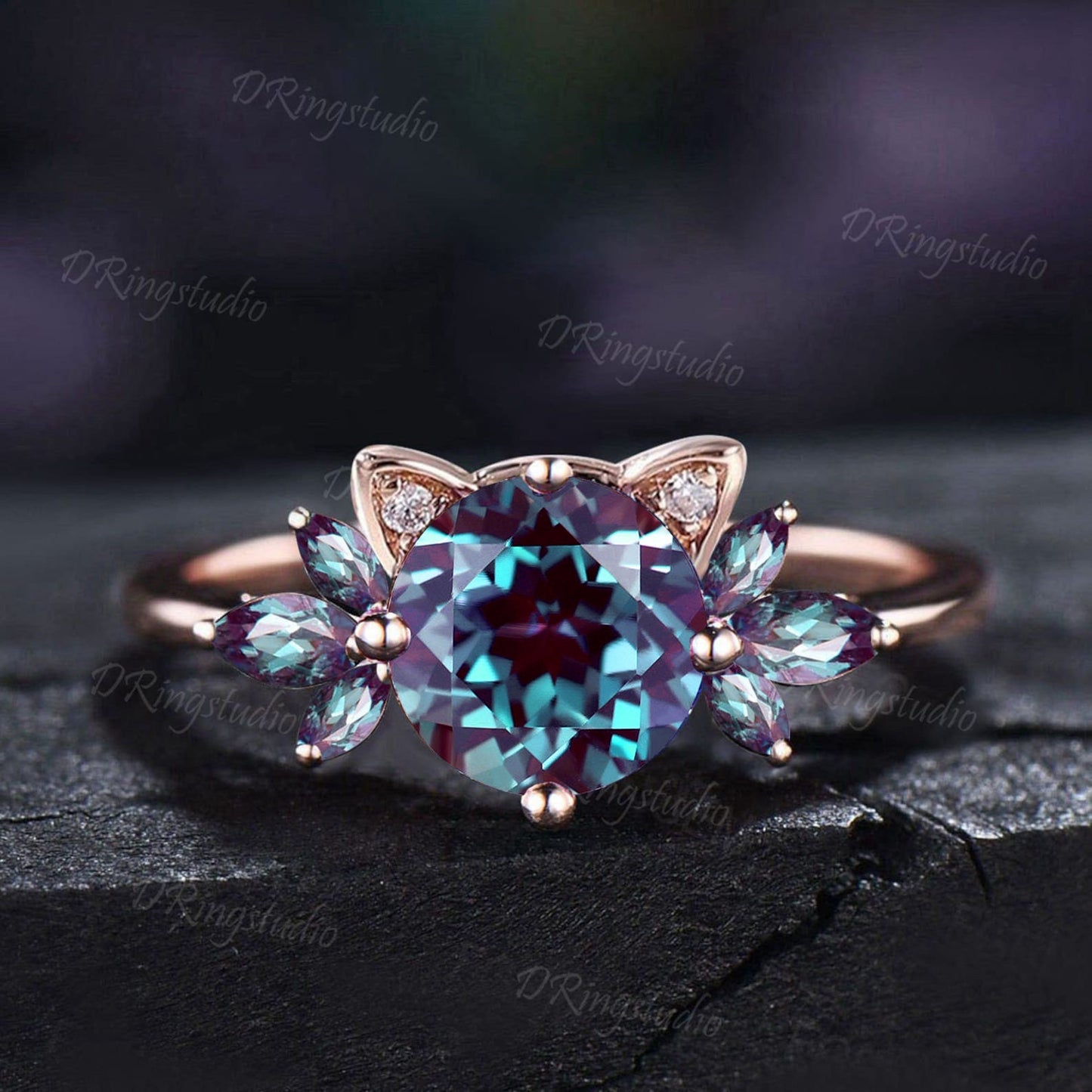 Cat Engagement Ring 7mm Round Alexandrite Ring Moonstone Cluster Wedding Ring Rose Gold Cat Ring June Birthstone Women Jewelry for Cat Lover