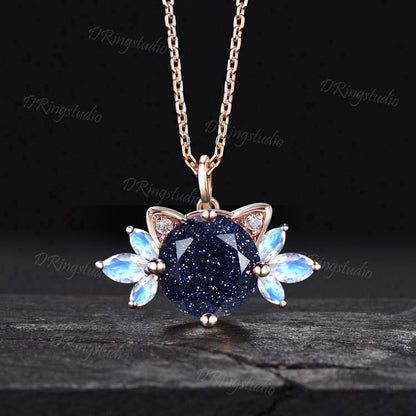 Cute Cat Round Blue Sandstone Necklace Unique Kitten Starry Goldstone Moonstone Pendant Rose Gold Cat Necklace Proposal Gifts For Cat Lovers