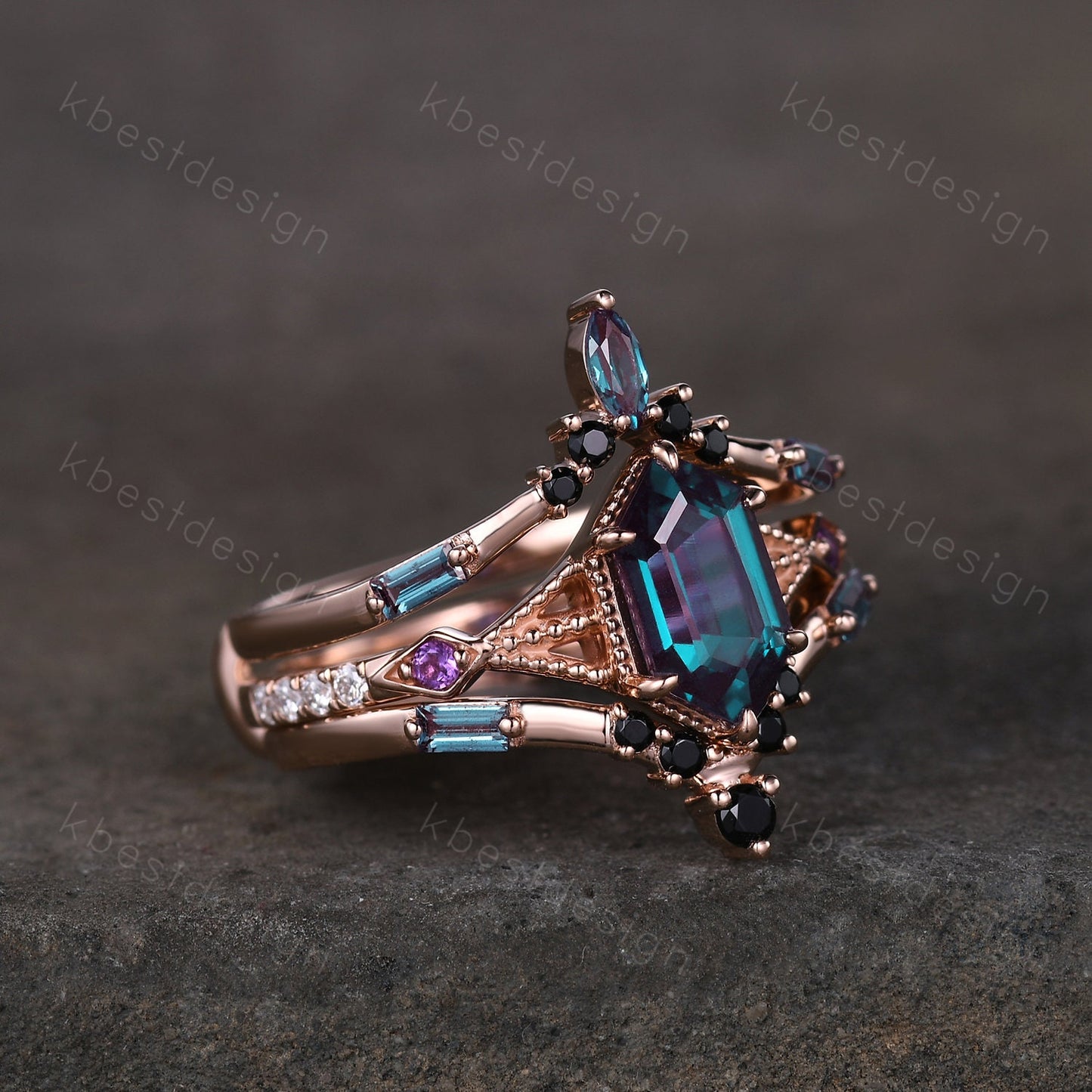 3pcs Antique Alexandrite Engagement Ring Set Hexagon cut Engagement Ring Unique Art Deco Black Spinel Stacking Matching Band Bridal Promise Set