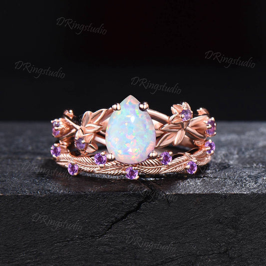 Teardrop White Opal Engagement Ring Set Twig Leaf Vine Amethyst Wedding Ring Rose Gold Fire Opal Bridal Set October Birthstone Gifts for Her