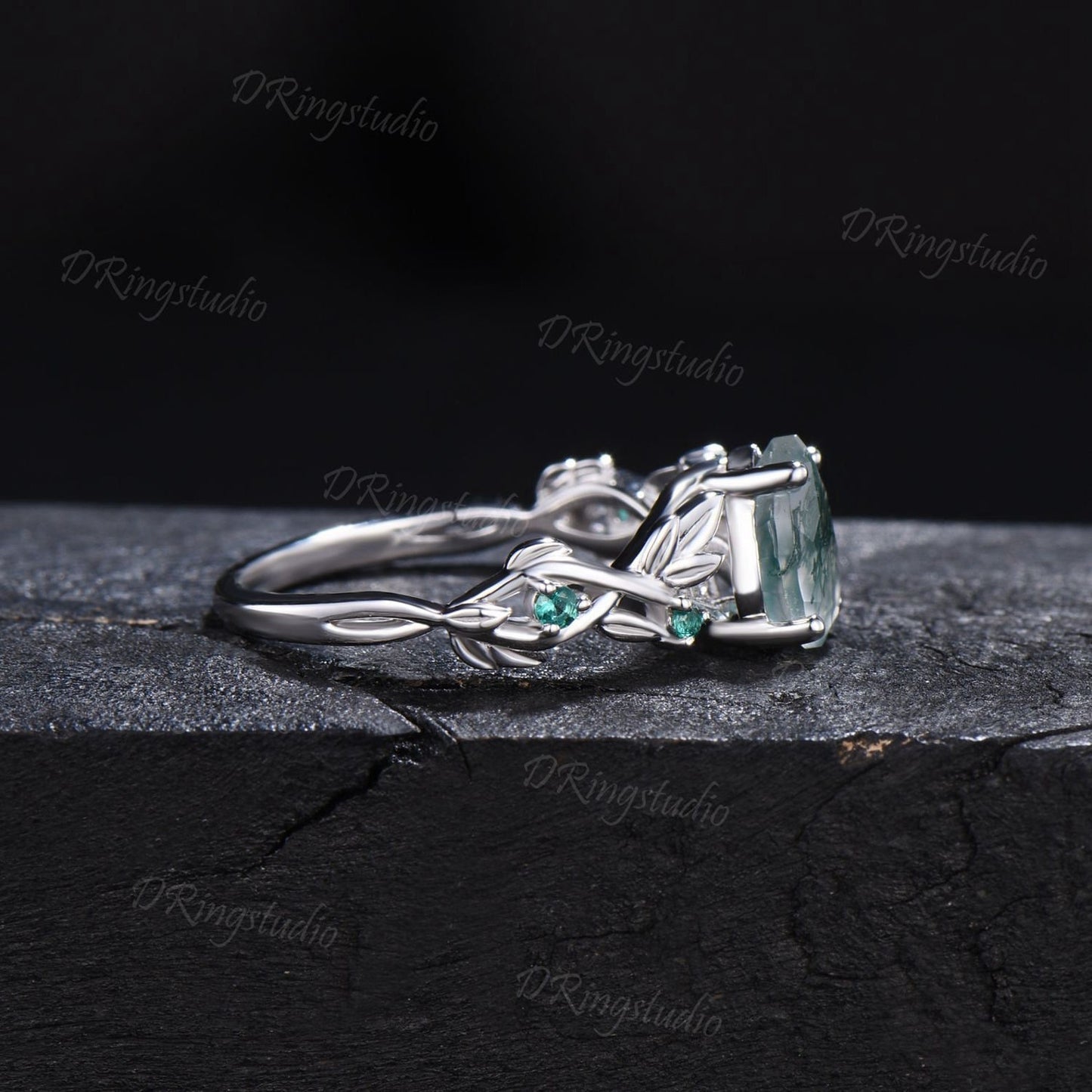 Princess Cut Moss Agate Engagement Ring 14k white gold Twig Twist Emerald Wedding Ring Nature Inspired Green Moss Ring Proposal Gift for Her