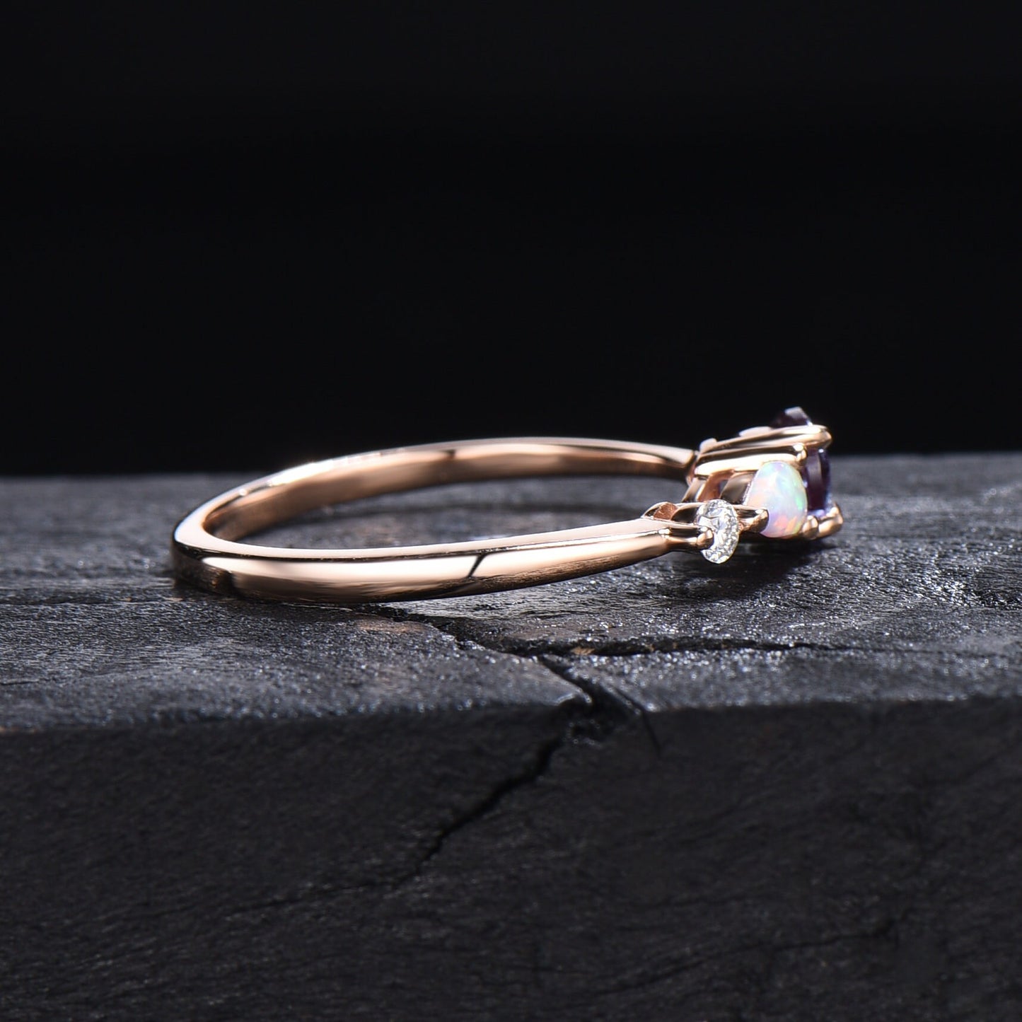 Teardrop Alexandrite Opal Engagement Ring Rose Gold Moissanite 3 Stone Ring Stacking band East West Ring Birthstone Anniversary Gift for Her