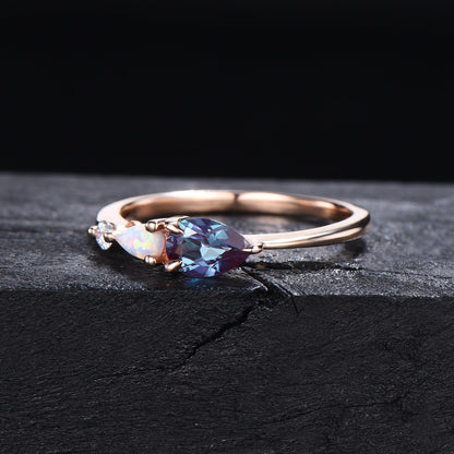 Teardrop Alexandrite Opal Engagement Ring Rose Gold Moissanite 3 Stone Ring Stacking band East West Ring Birthstone Anniversary Gift for Her