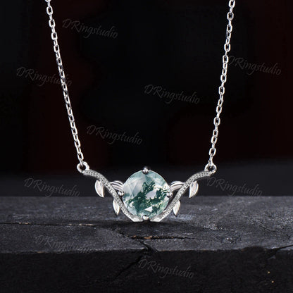 Silver Serpent Necklace Natural Moss Agate Solitaire Necklace Double Snake Pendant Twig Leaf Jewelry 8mm Round Moss Necklace Birthday Gifts