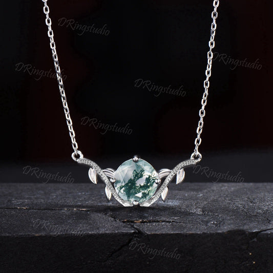 Silver Serpent Necklace Natural Moss Agate Solitaire Necklace Double Snake Pendant Twig Leaf Jewelry 8mm Round Moss Necklace Birthday Gifts