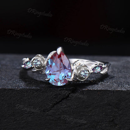 Nature Inspired Color-Change Alexandrite Engagement Ring Entangled Vine Pear Alexandrite Ring Floral Wedding Ring June Birthstone Women Gift