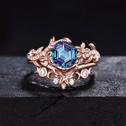 Branch Leaf Engagement Ring Set Nature Style Hexagon Alexandrite Bridal Set Celtic Moon Moissanite Cluster Ring June Birthstone Jewelry Gift