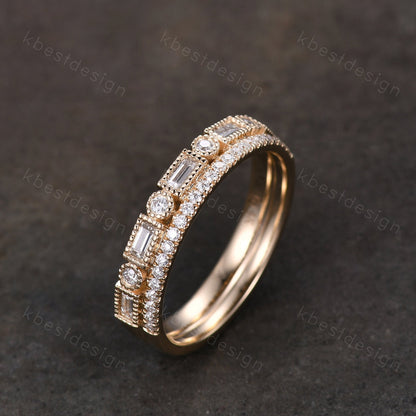 Vintage Moissanite wedding band women Baguette cut Half eternity band Yellow gold wedding band Unique Stacking Matching bridal promise ring