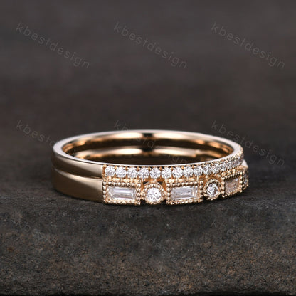 Vintage Moissanite wedding band women Baguette cut Half eternity band Yellow gold wedding band Unique Stacking Matching bridal promise ring