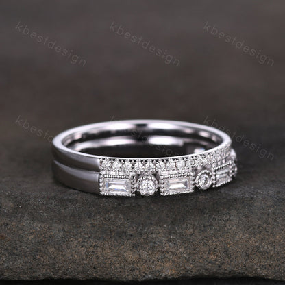 Vintage Moissanite wedding band women Baguette cut Half eternity band Yellow gold wedding band Unique Stacking Matching bridal promise ring