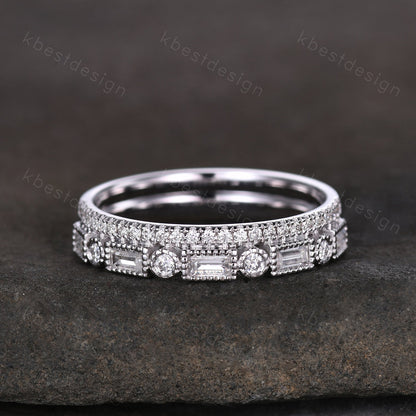 Vintage Moissanite wedding band women Baguette cut Half eternity band Yellow gold wedding band Unique Stacking Matching bridal promise ring
