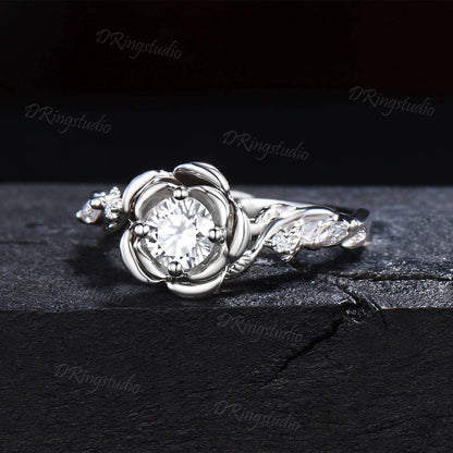 Rose Blossom Ring 5mm Round Moissanite Engagement Ring White Gold Floral Wedding Ring Nature Inspired Twig Leaf Moissanite Ring Promise Gift